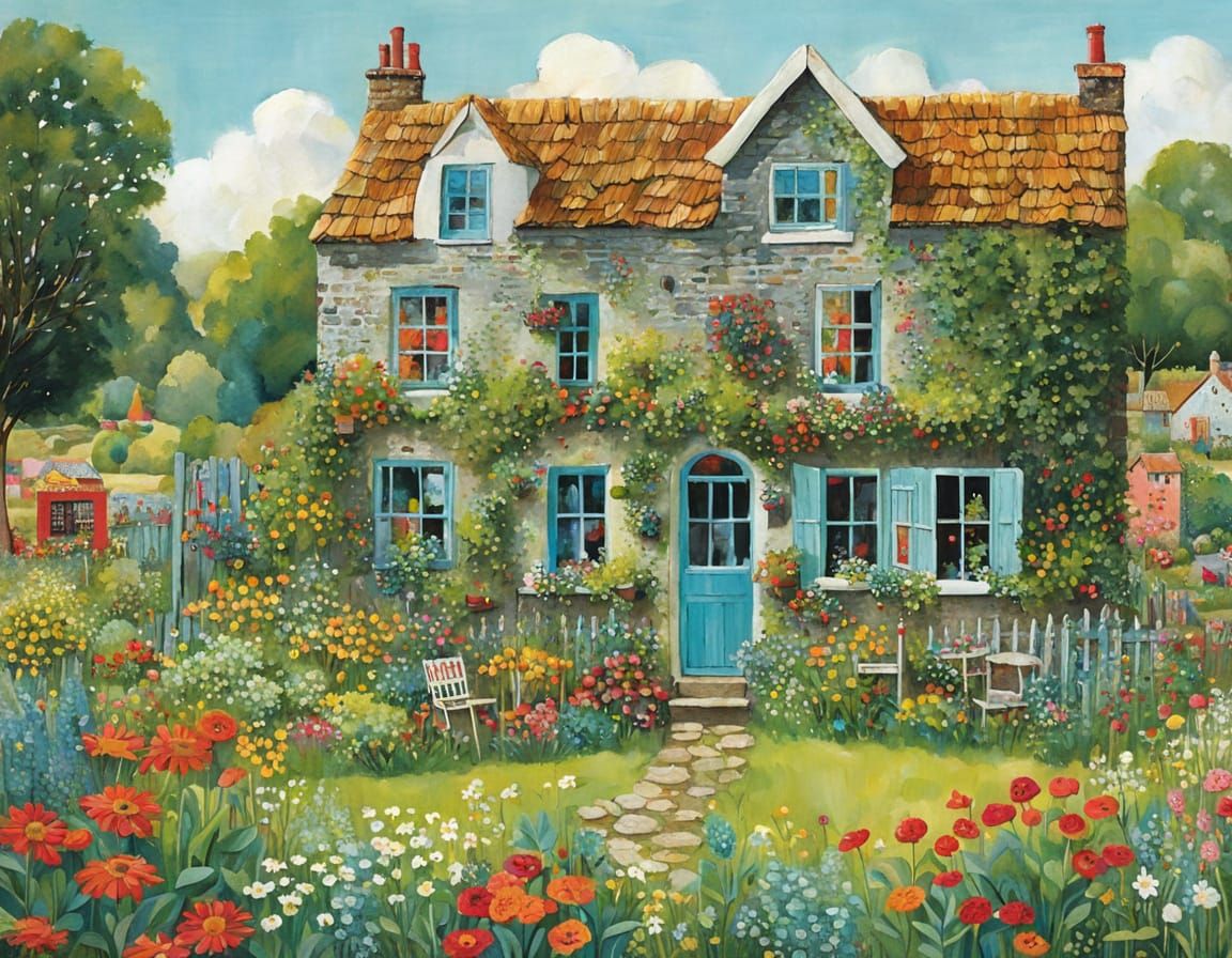 Idyllic Village Scene in Whimsical Watercolor Style