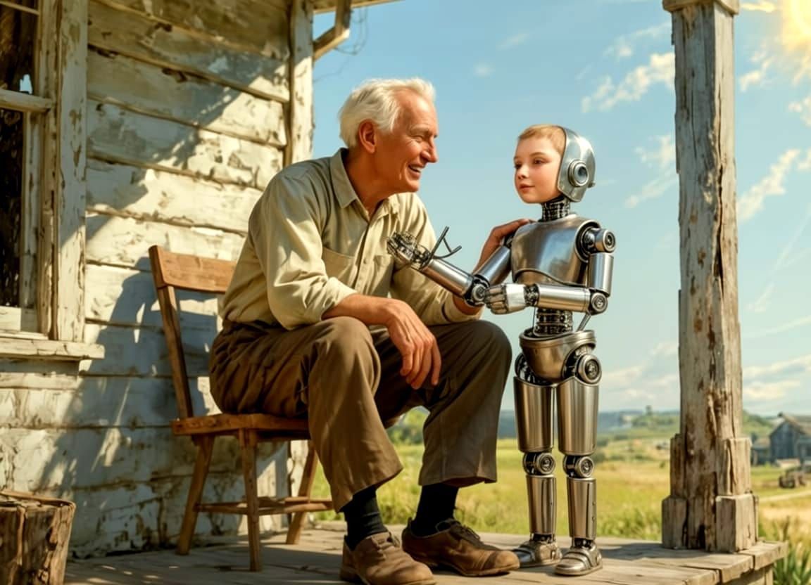 Elderly Man and Robot Boy Share a Smile on a Sunny Porch
