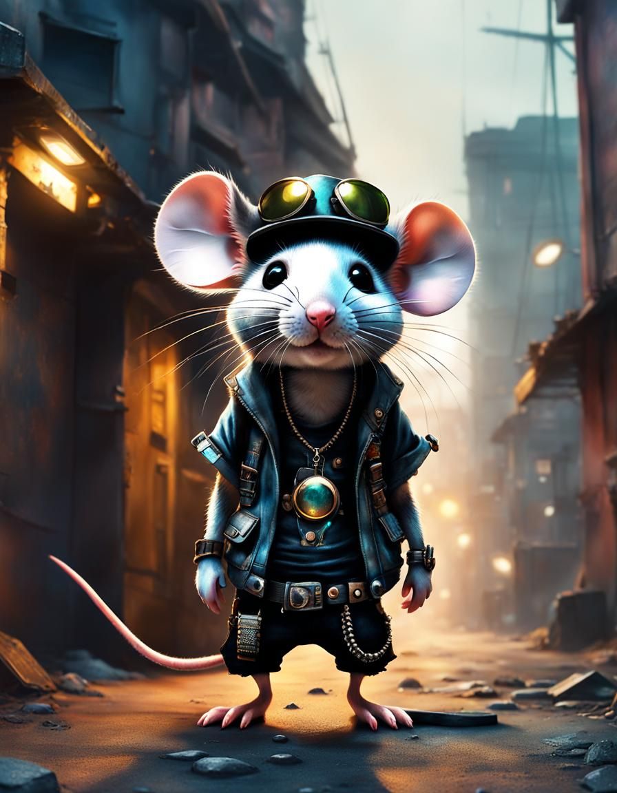 Punk Mouse in Dystopian Slums: Digital Watercolor Art