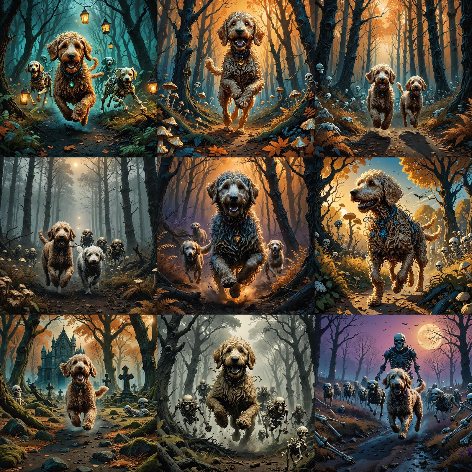 Goldendoodle Running from Skeletons: Fantasy Concept Art