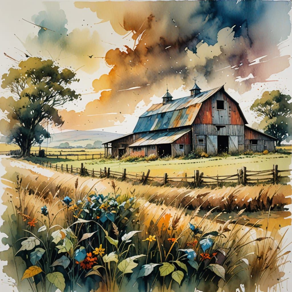 Vibrant Farmland Scene in Watercolour Style