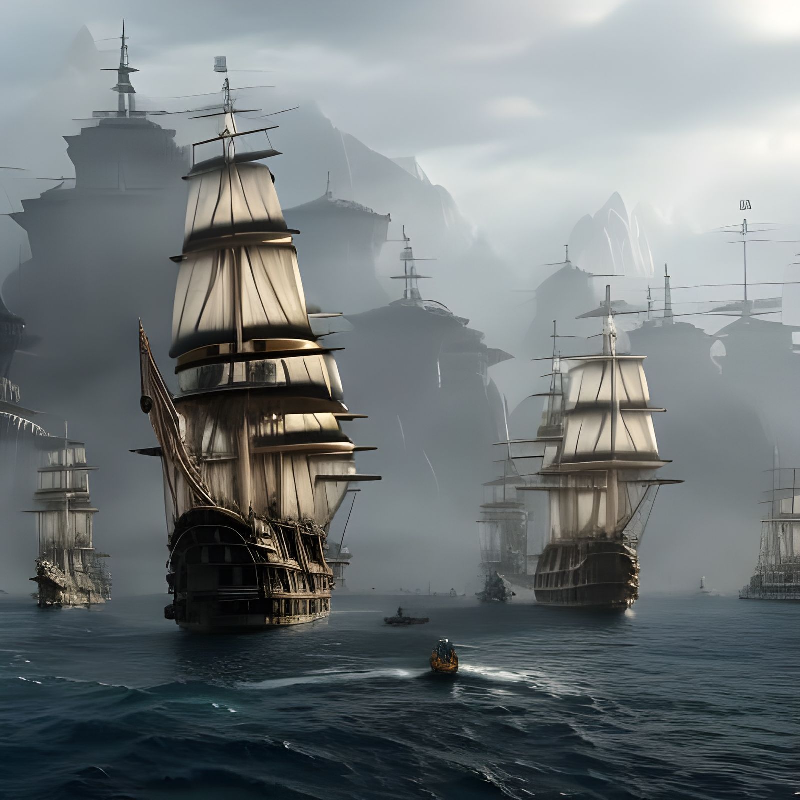 Fleet of Ships Leaving Harbor: Epic Digital Painting