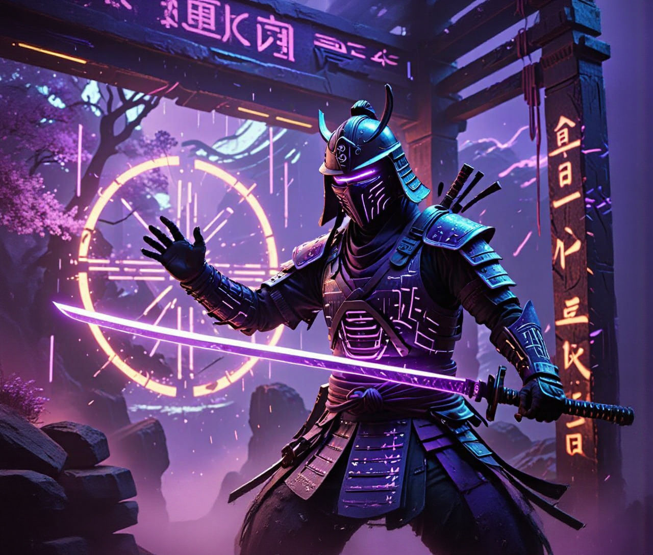 Sci-Fi Samurai Crossing Portal with Neon Hieroglyphics