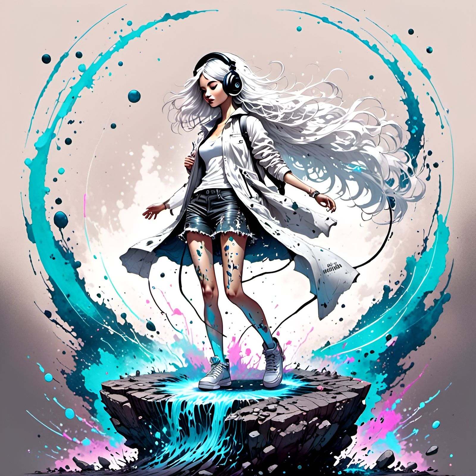 Synthwave Girl Portrait with Neon Retro Ornament