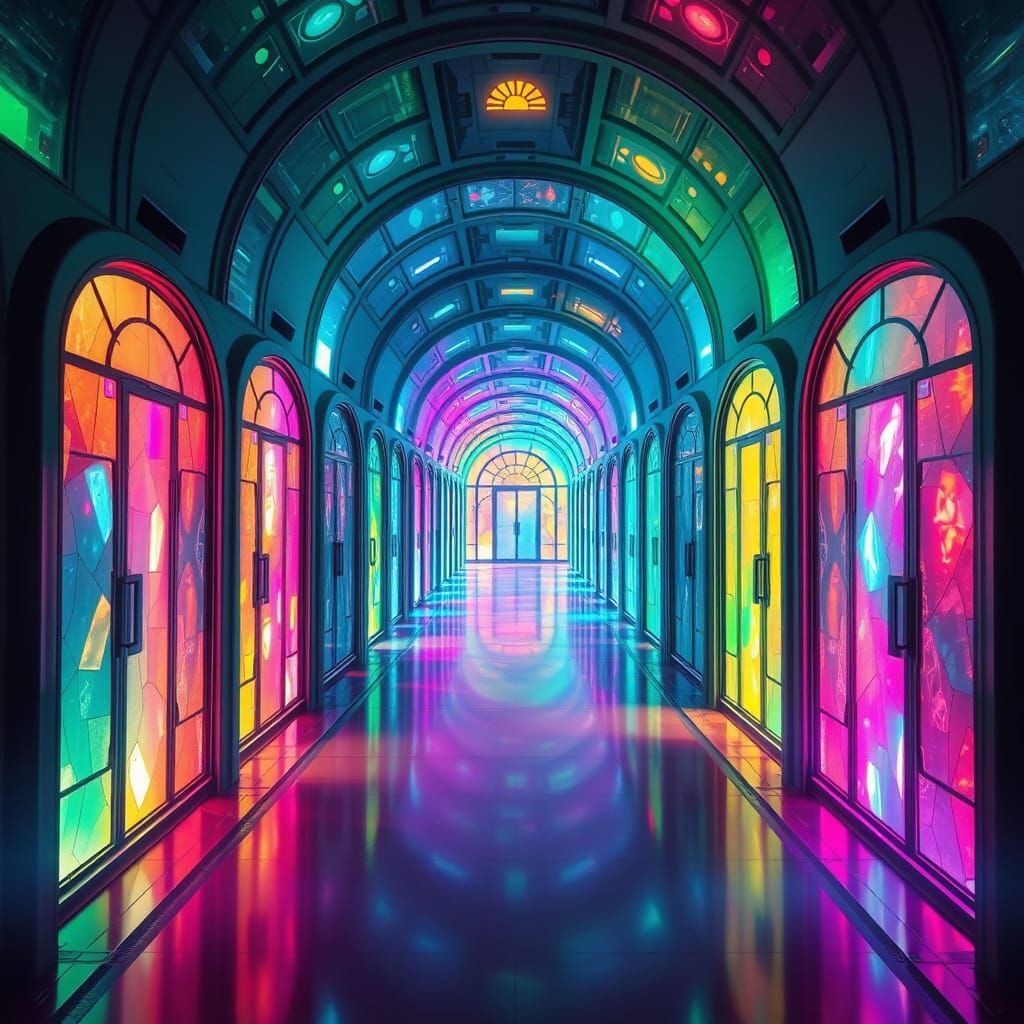 Neon Stained Glass Corridor in Cyberpunk Style