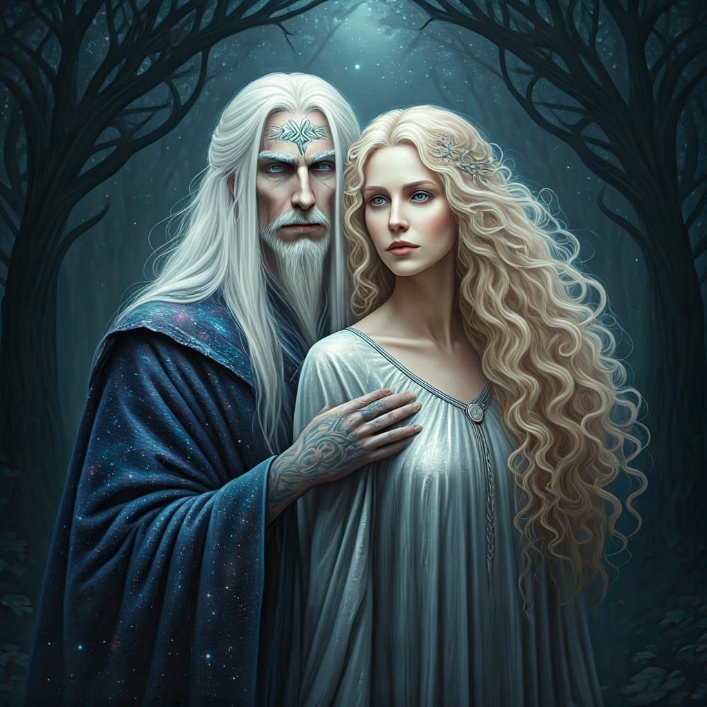 Mystical Wizard and Sorceress in Forest Clearing