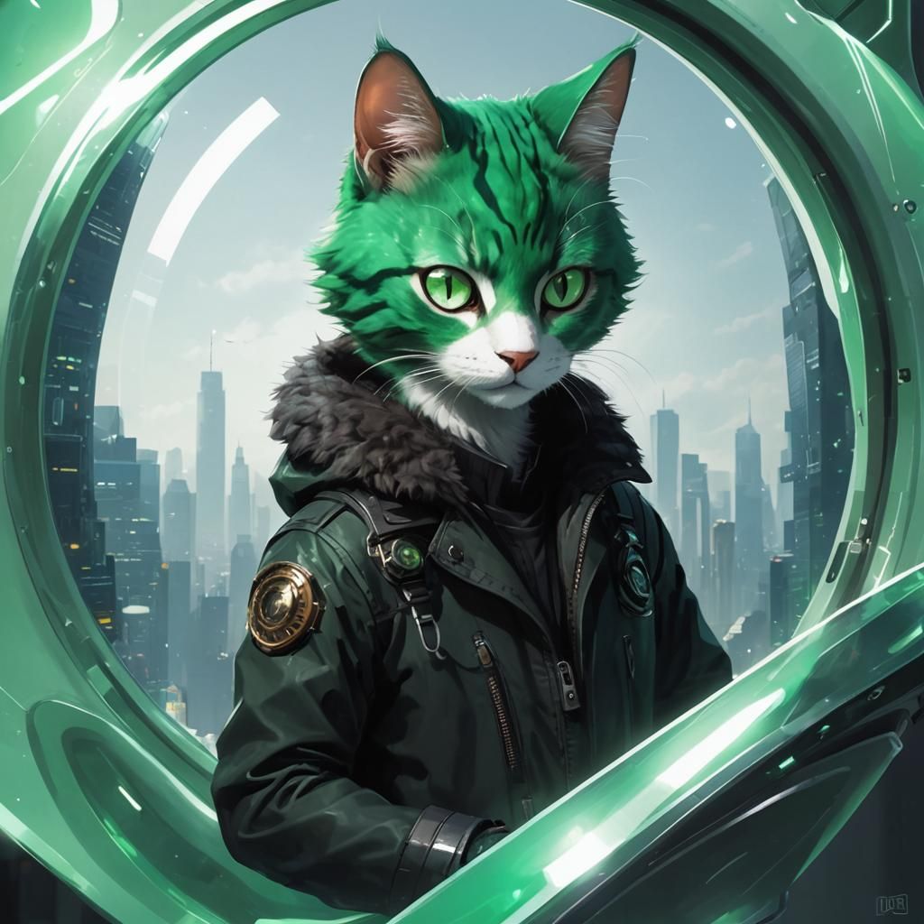 Anthropomorphic Cat with Green Eyes