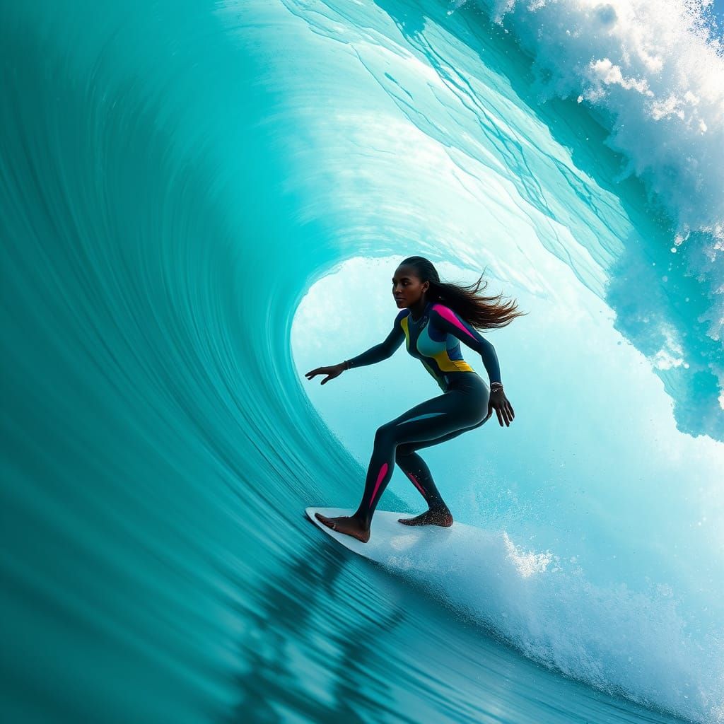 Surreal Surfer Shreds Turquoise Wave in Vibrant, Dreamy Styl...