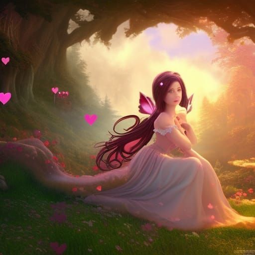 Cute Valentine Fairy with Hearts in Fantasy Art