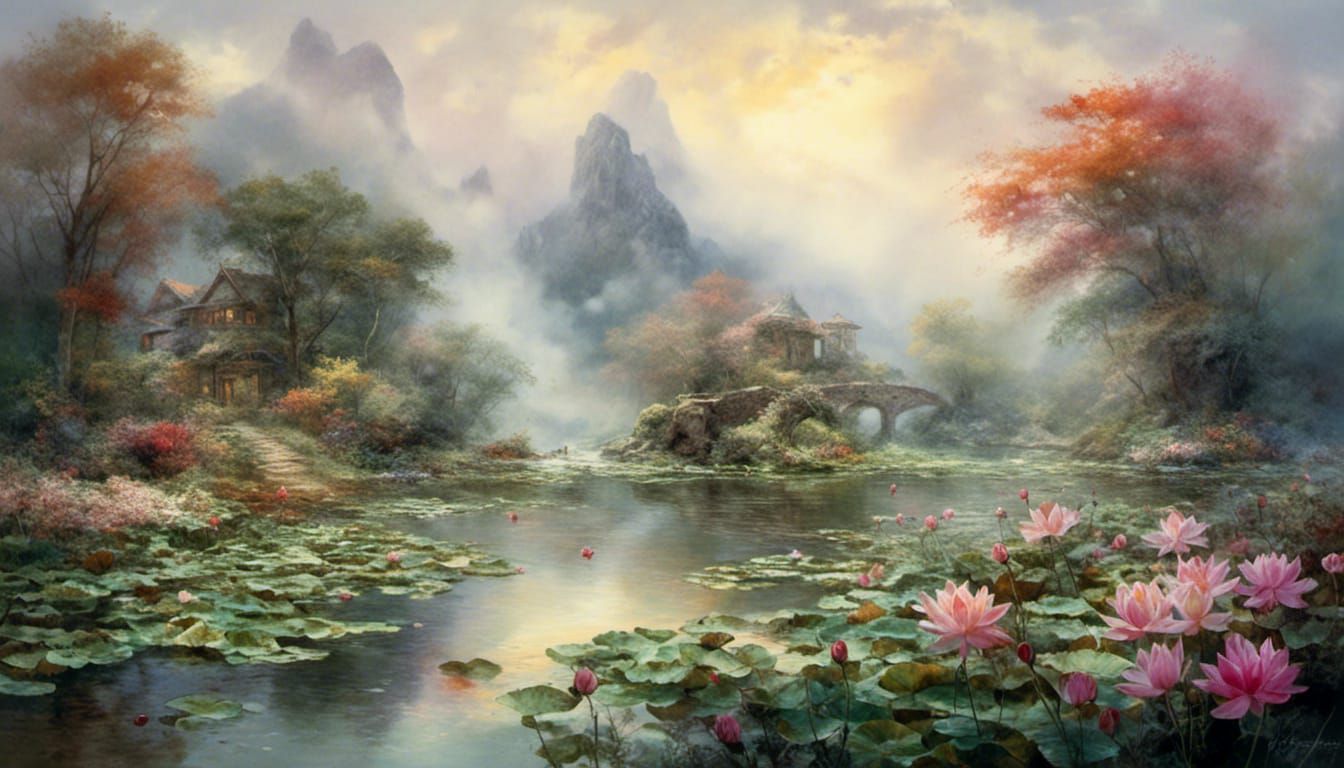 Lotus Pond Watercolor in Ethereal Fantasy Style