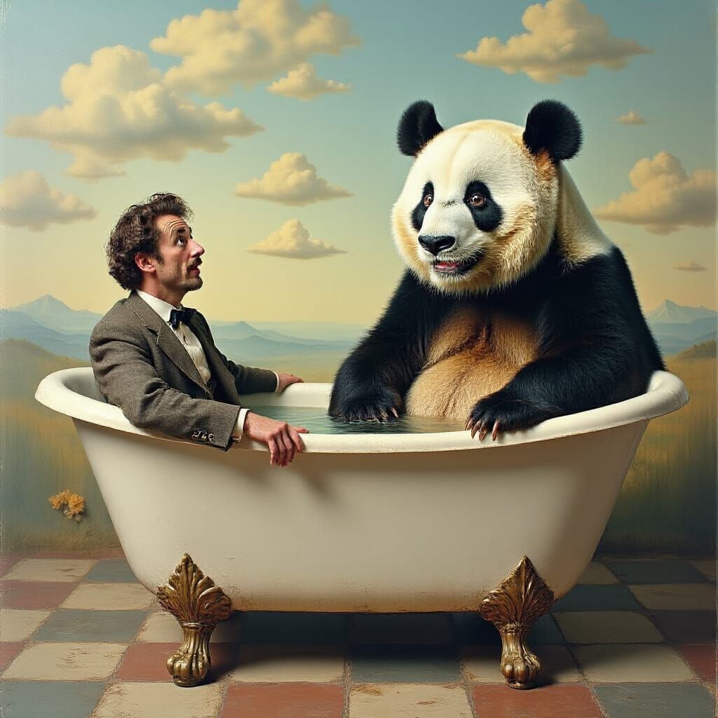 Surreal Panda in Bathtub, Dreamlike Oil Painting