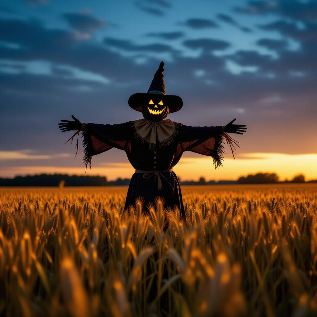Haunting Halloween Scarecrow in Twilight Wheat Field