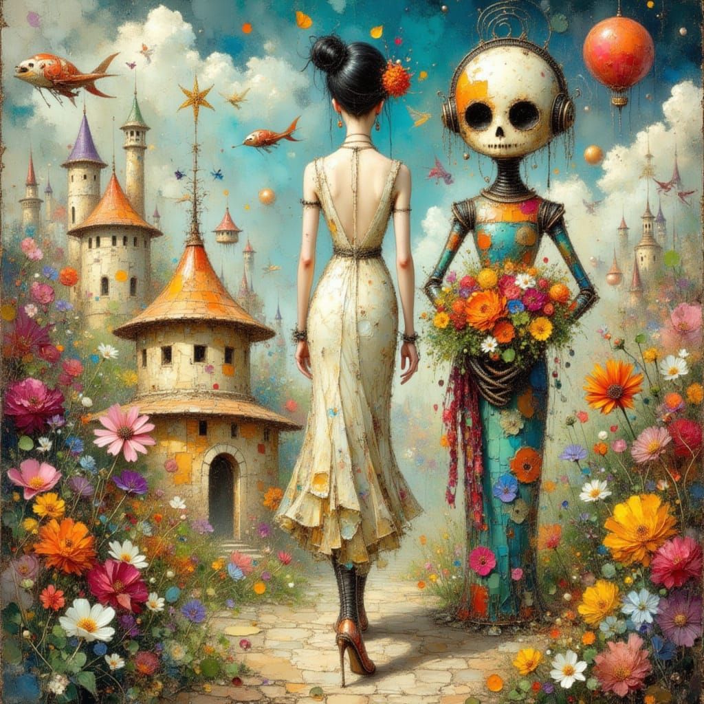 Surreal Giant Woman in a Mixed Media Landscape