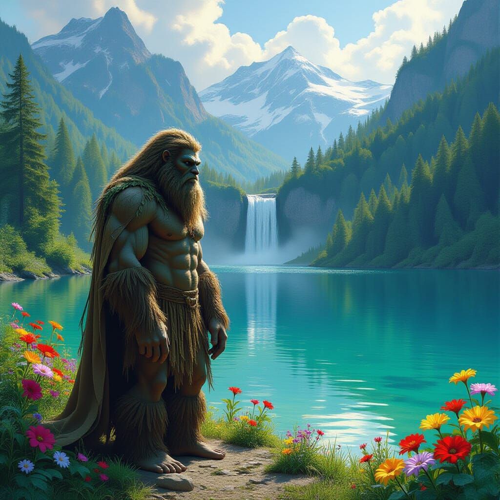 Bigfoot in Emerald Forest with Waterfall, Detailed Painting