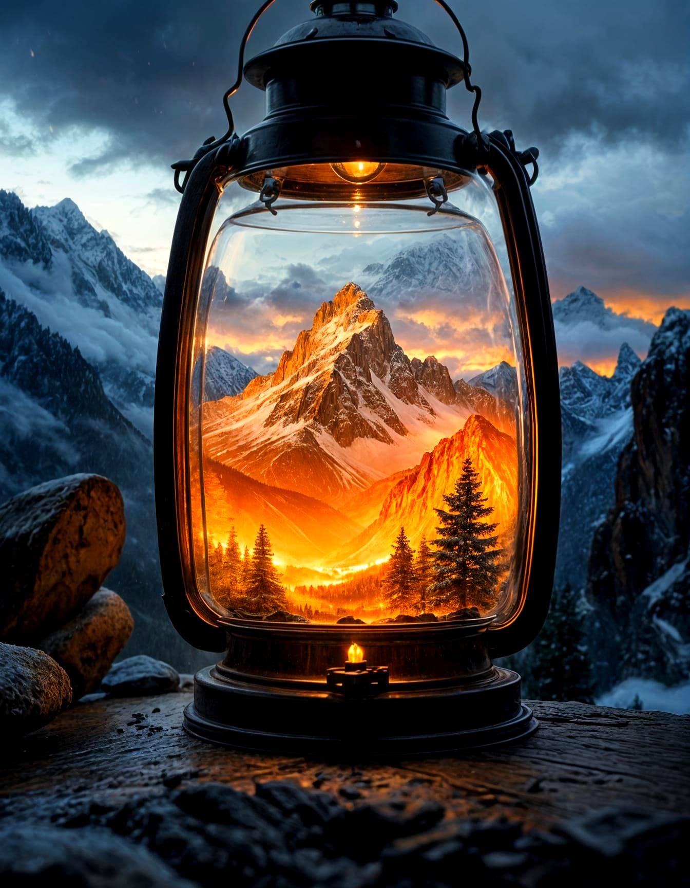 Glowing Mountain Landscape in Rustic Lantern