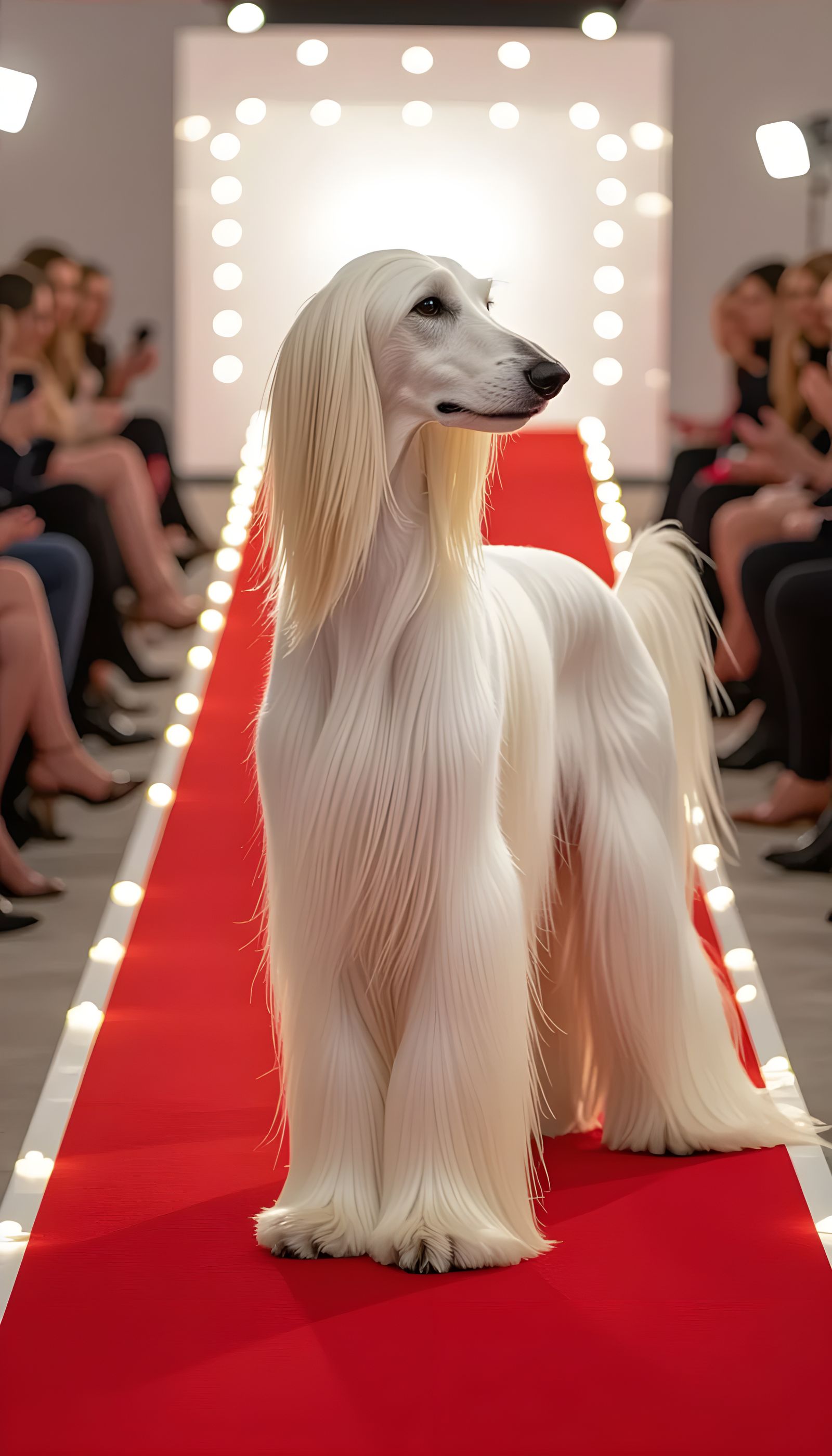 Elegant White Afghan Hound on Red Carpet in Studio