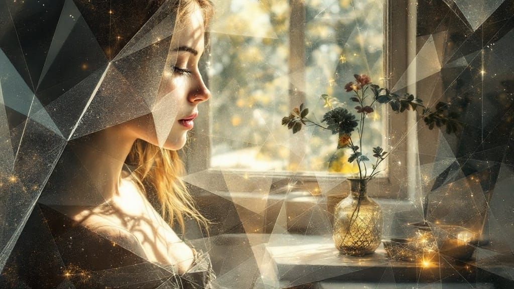 A Young Woman Lost in Thought Amidst Geometric Transparency