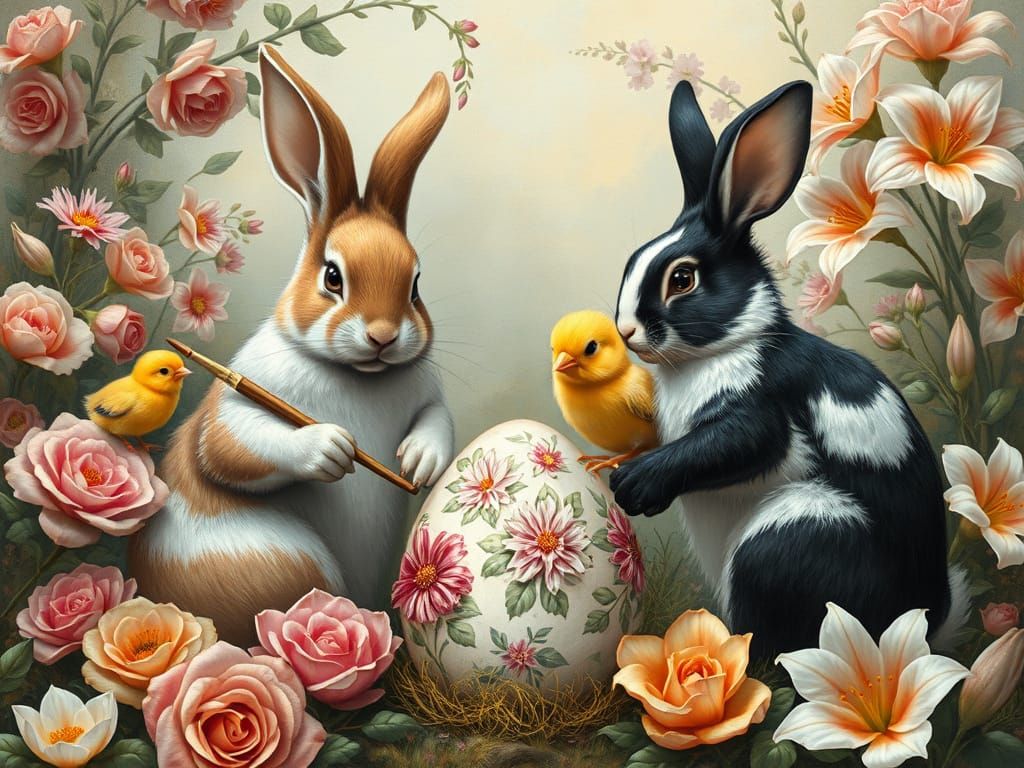 Rabbits and Chicks Painting Easter Eggs in Fairy Tale Landsc...