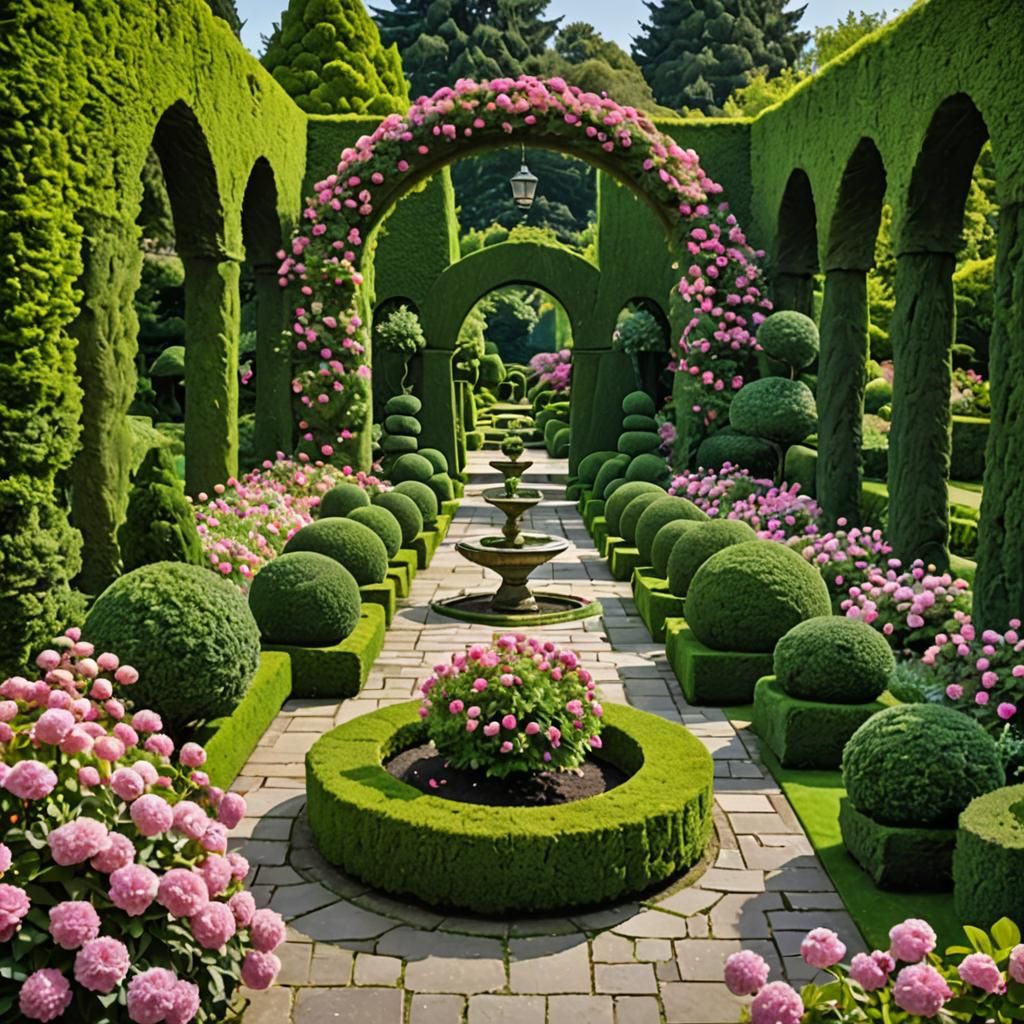 Symmetrical Garden with Topiary Artistry and Pink Blossoms