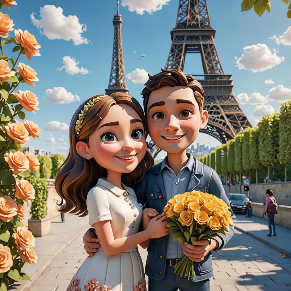 Romantic 3D Couple Portrait Before Eiffel Tower