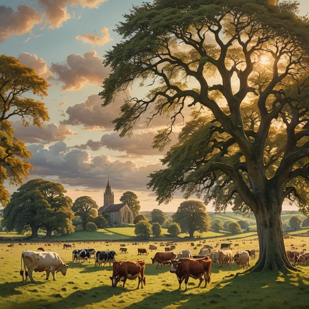 Idyllic English Countryside Scene with Grazing Cows