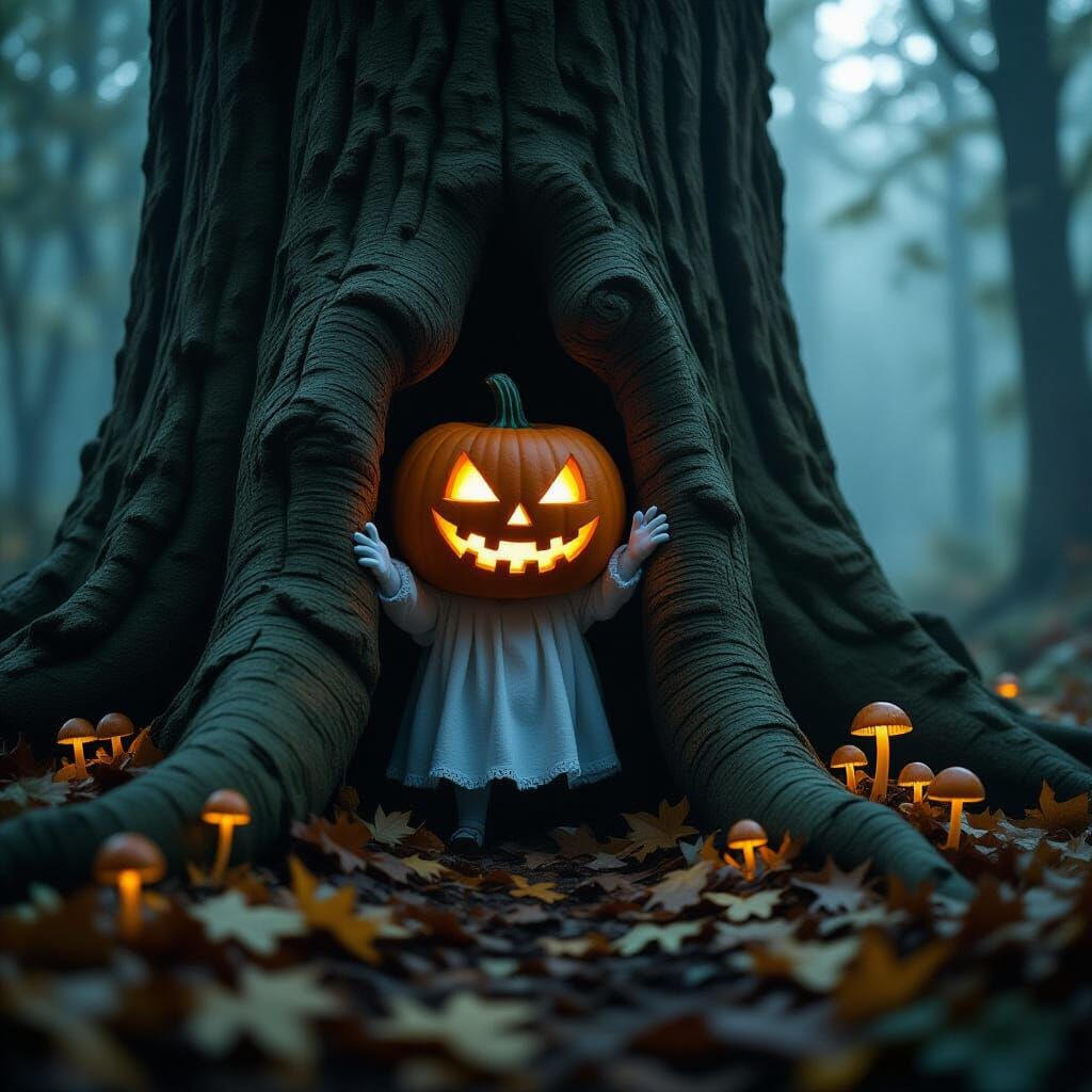Tiny Pumpkin Ghost Hides Behind Ancient Tree in Foggy Forest