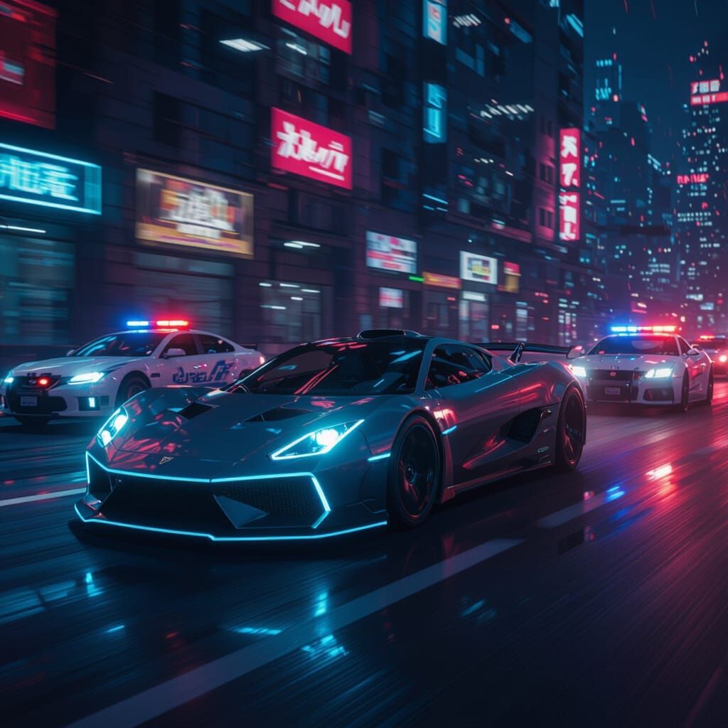 Cyberpunk City Chase: Futuristic Sports Car Evades Police