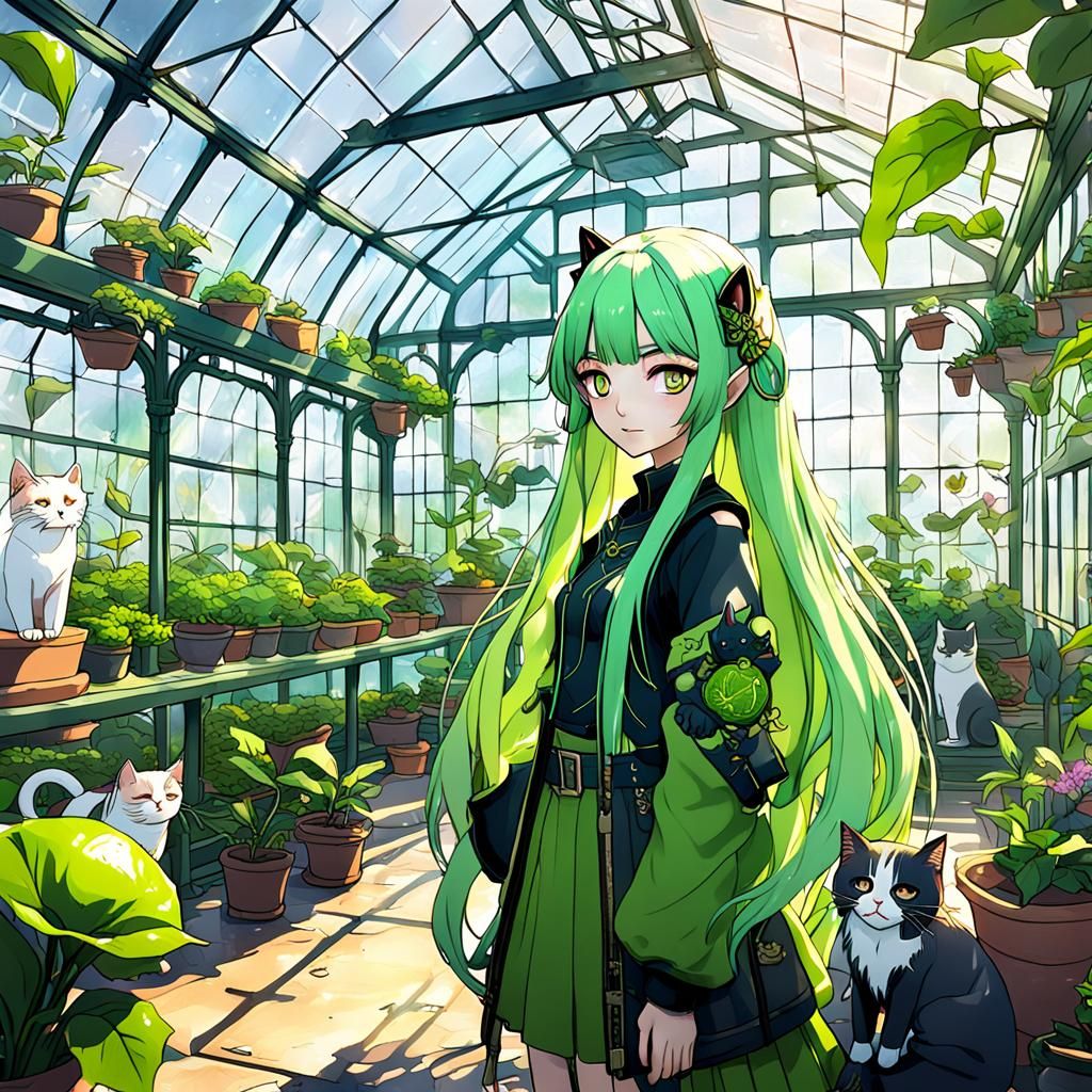 Anime Girl in Greenhouse with Cats: Detailed Digital Art