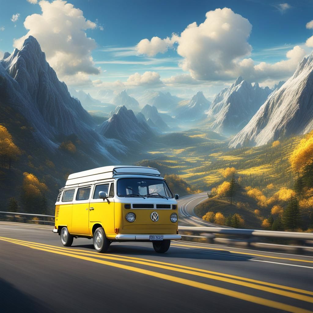 Dreamy Mountain Highway Scene with VW Van