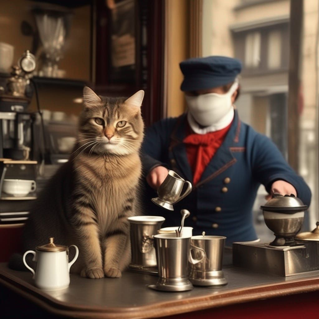 Cat Barista in 19th Century Parisian Cafe