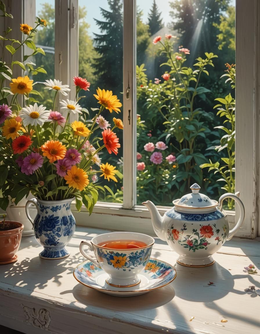 Summer Morning Still Life with Tea, Hyperrealistic Style