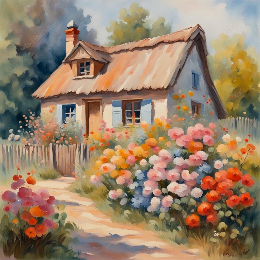 Floral Cottage in Gouache Impressionist Style