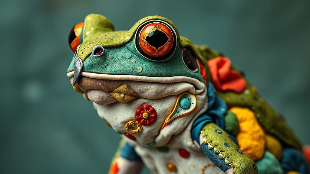 Vibrant Fabric Portrait of a Frog in Intricate Mixed Media