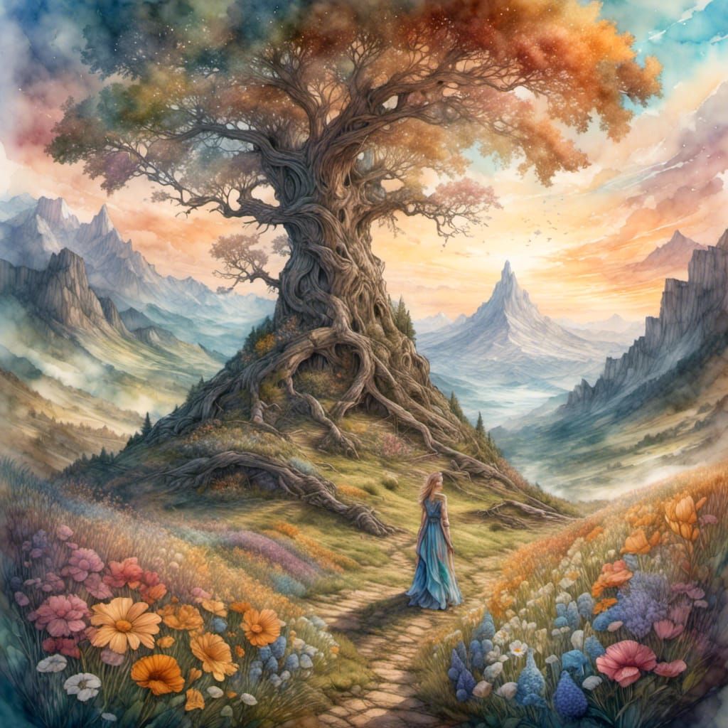 A field of Colorful flowers, by an old tree