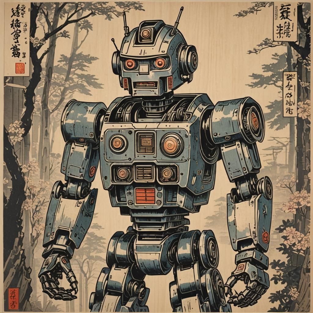 Robot in Japanese Woodblock Style