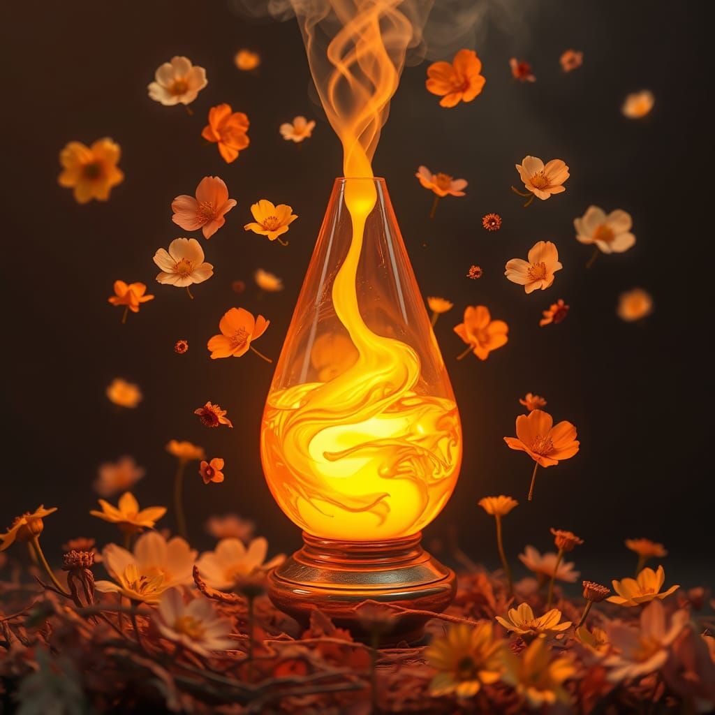 Golden Lava Lamp with Swirling Goo and Flowers