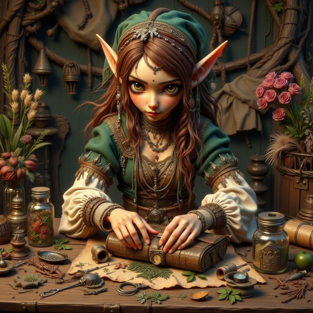 Elf Mage Packing Potions, Painterly Illustration