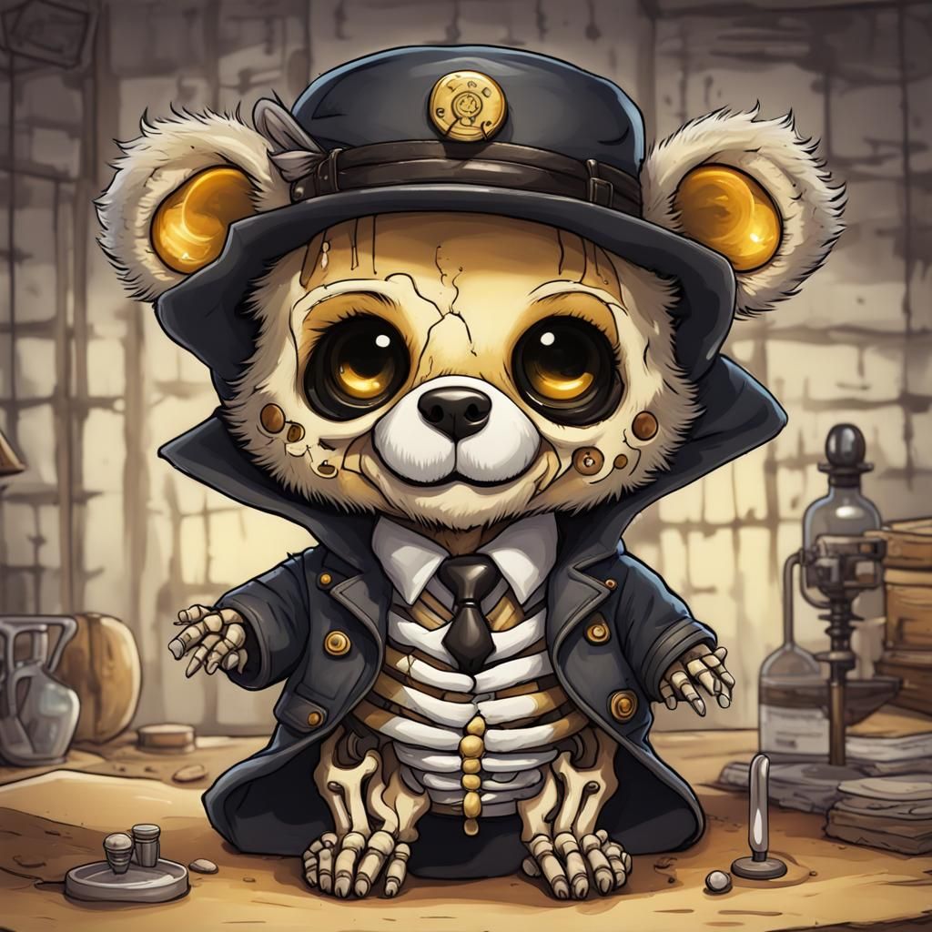 Adorable chibified detective baby bear skeleton 💀 creature!...
