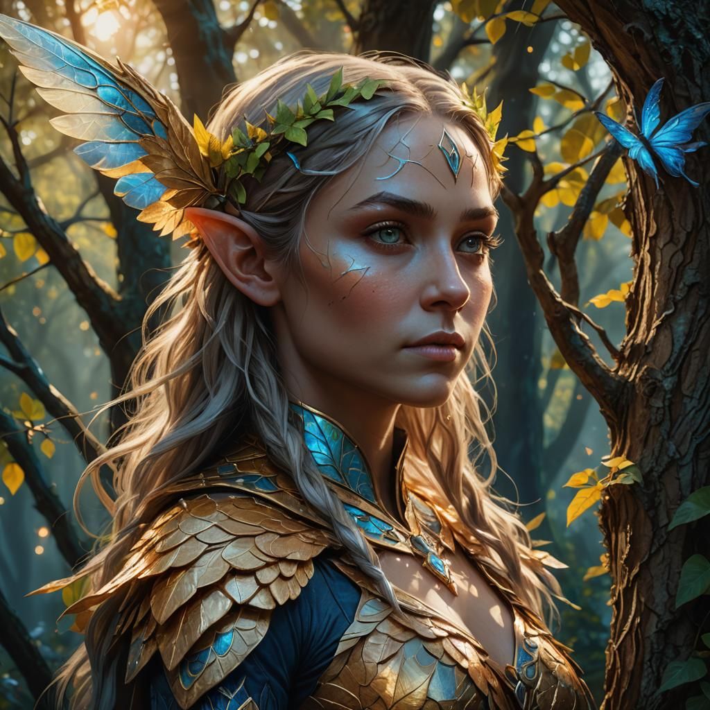 Winged Elf Portrait with Bioluminescent Leaves