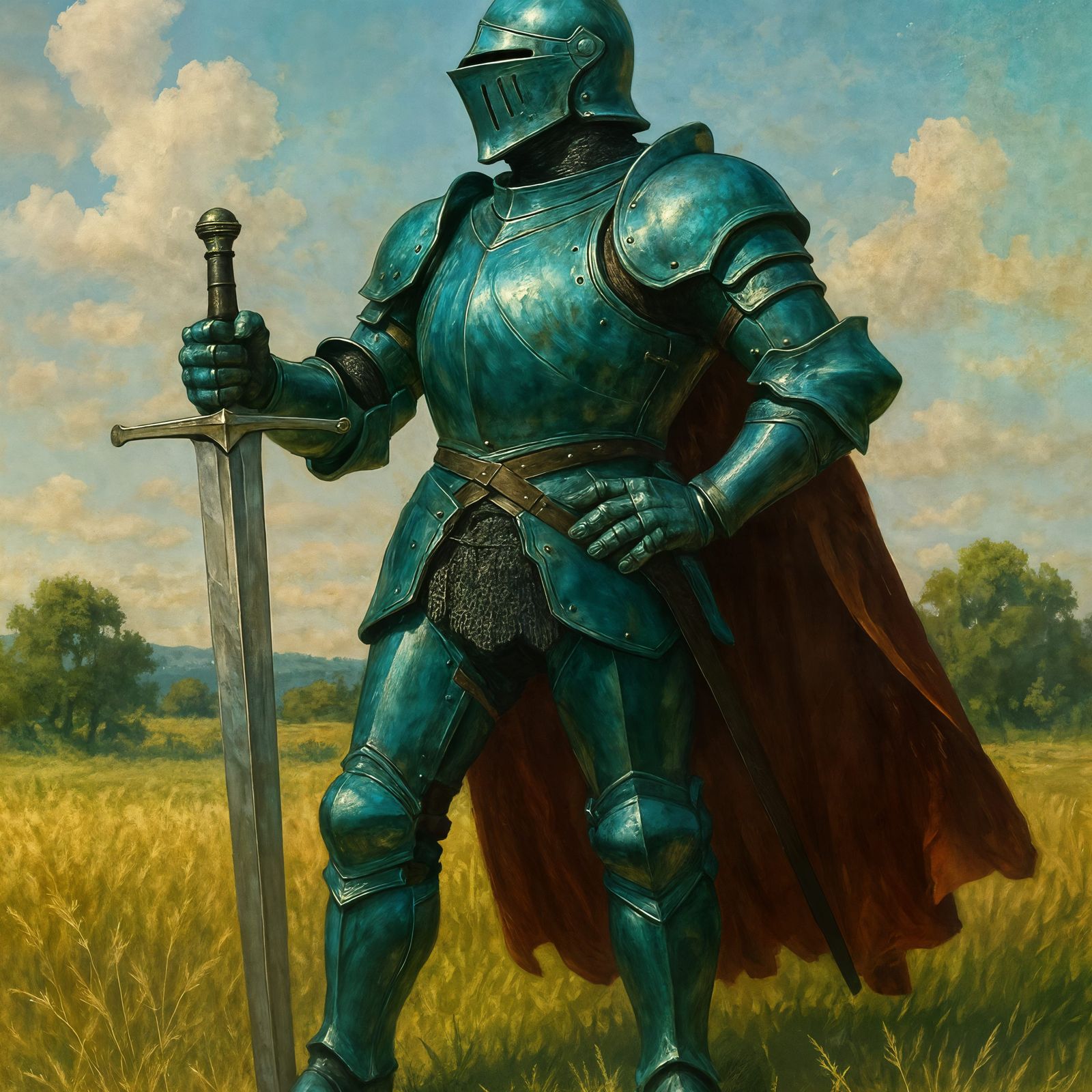 Medieval Knight in Turquoise Armor in Sunny Field