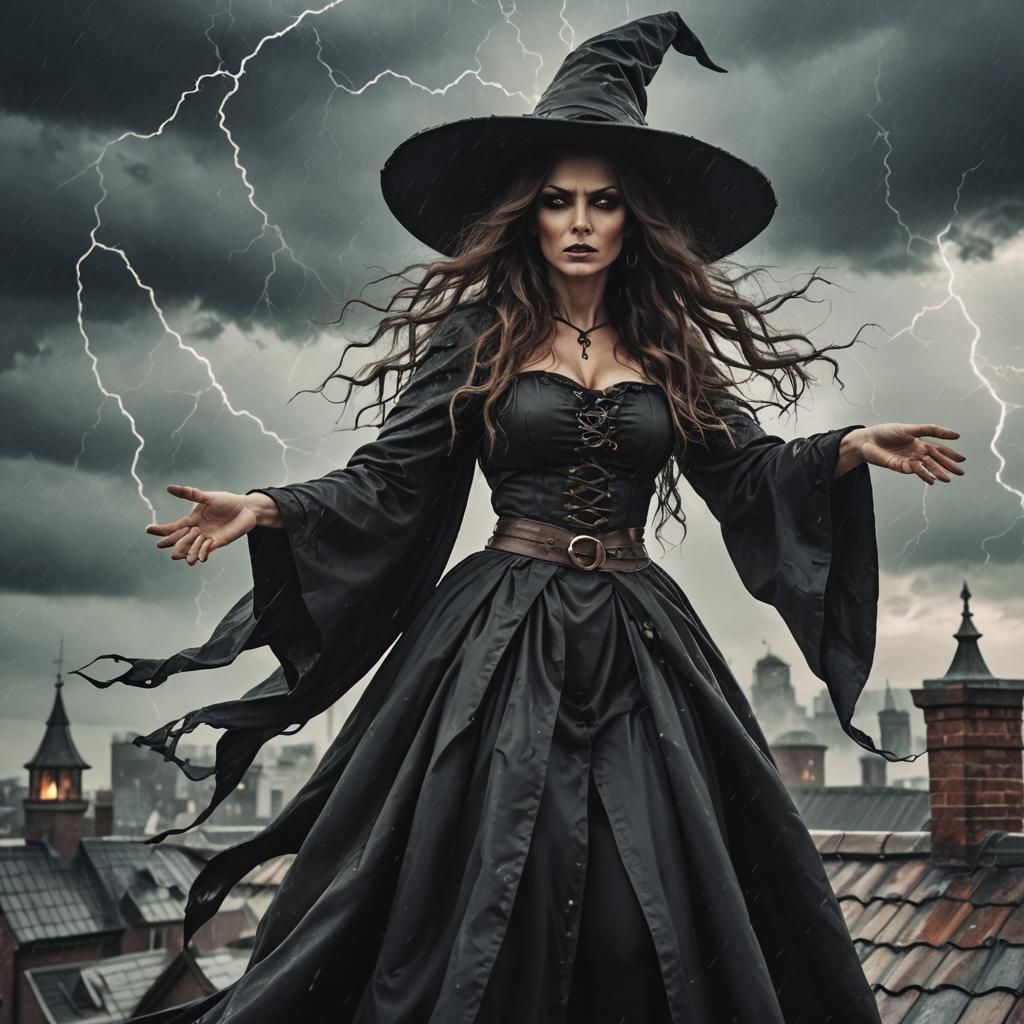 Witch Summons a Storm from Rooftop Close-Up