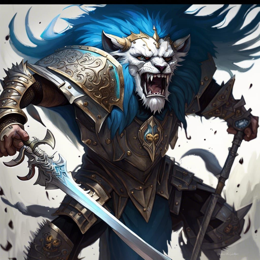 Lion Warrior Roaring at Goblin Foe