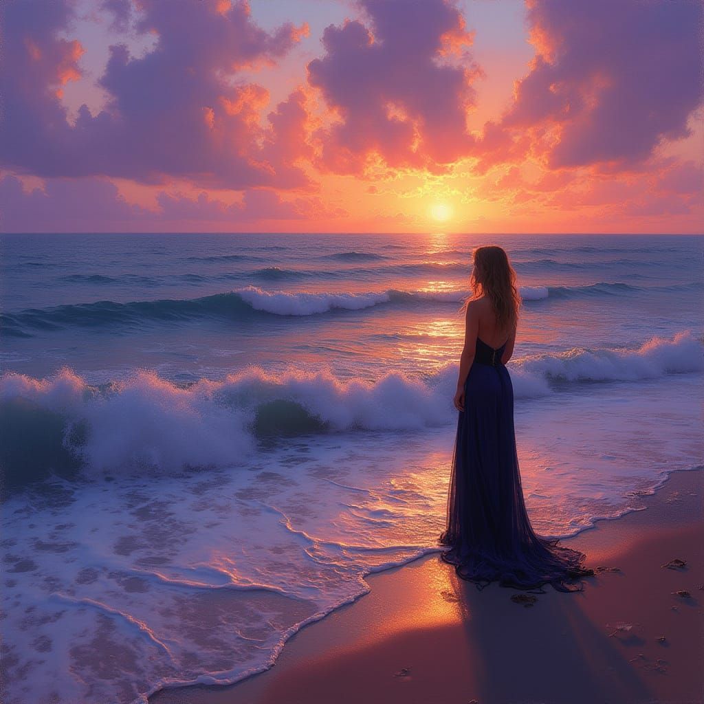 Woman Gazing at Purple Sunset in Impressionist Style