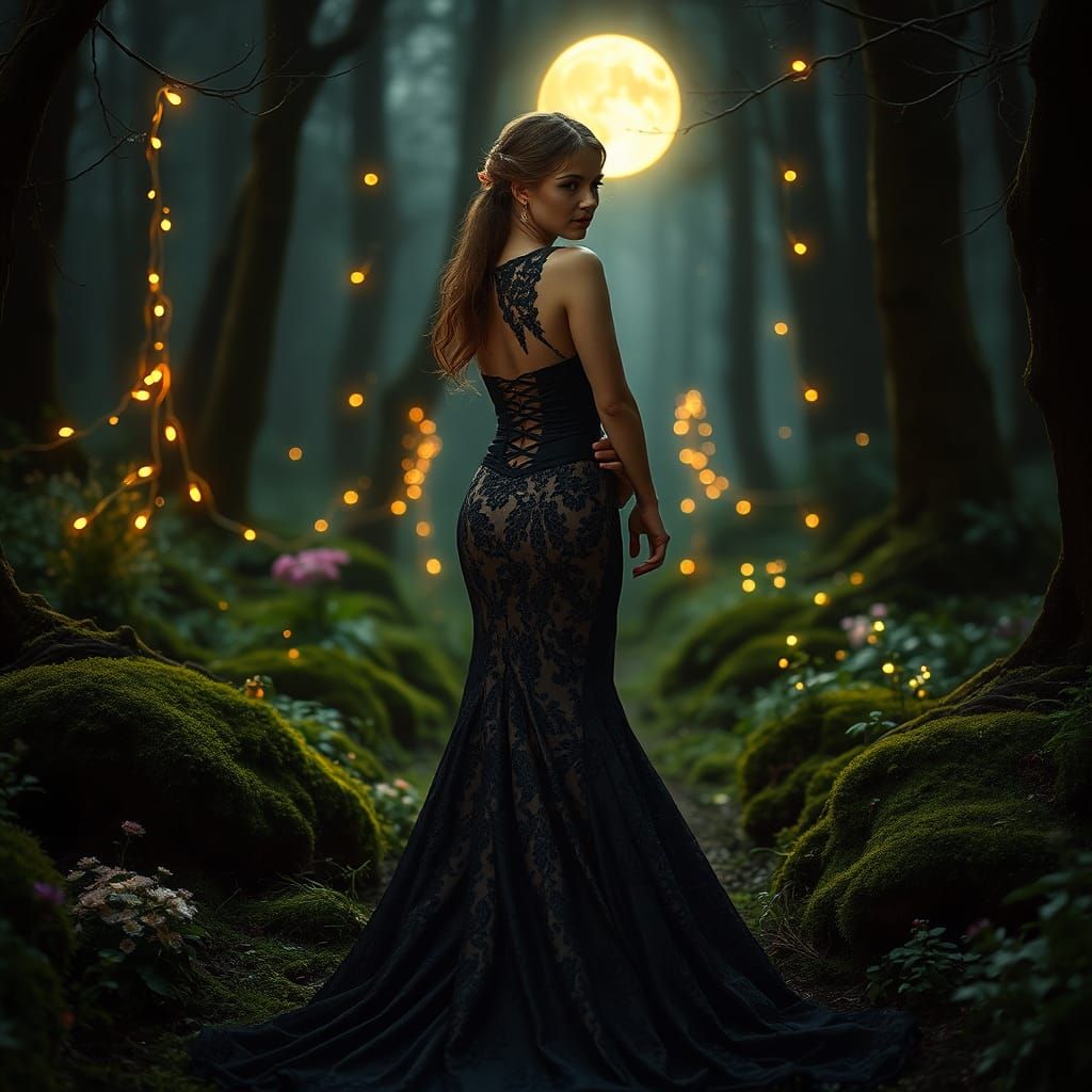 Bride in Black Lace Gown in Moonlit Forest
