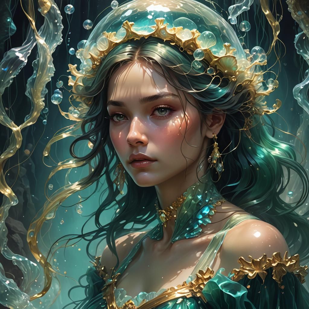 Submerged Woman with Jellyfish in Glistening Cavern