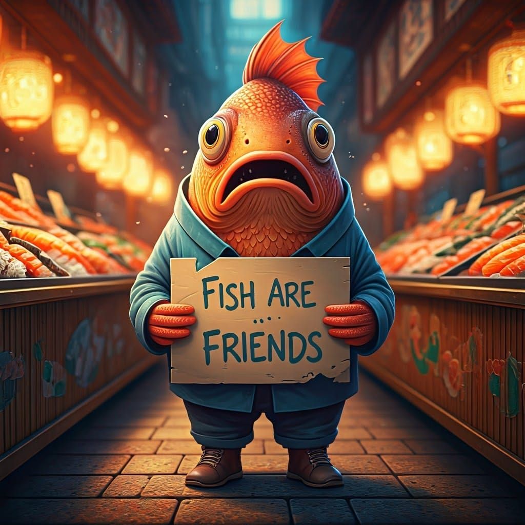 A concerned Charlie searches the fish market for his missing...