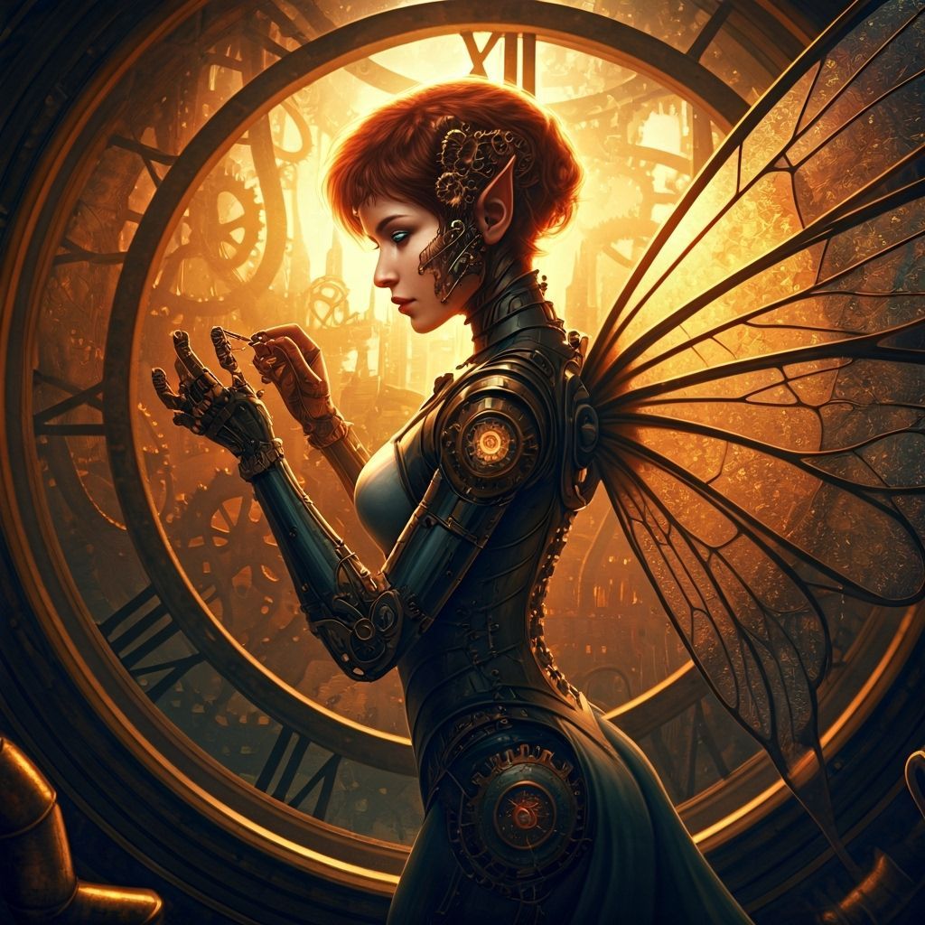 Steampunk Mechanic Fairy Repairs Clock Tower