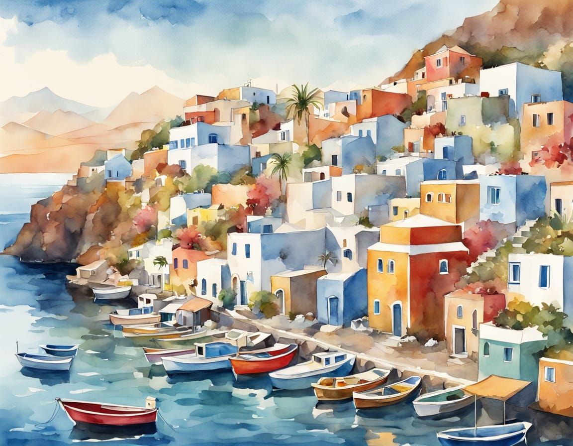 Vibrant Postcard of a Mediterranean Fishing Village