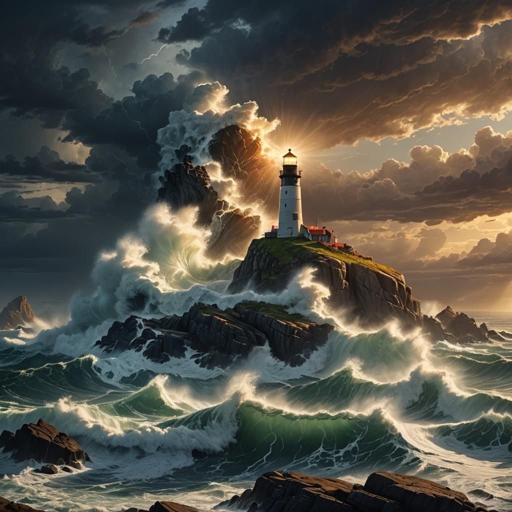 Lighthouse Under Towering Waves at Twilight