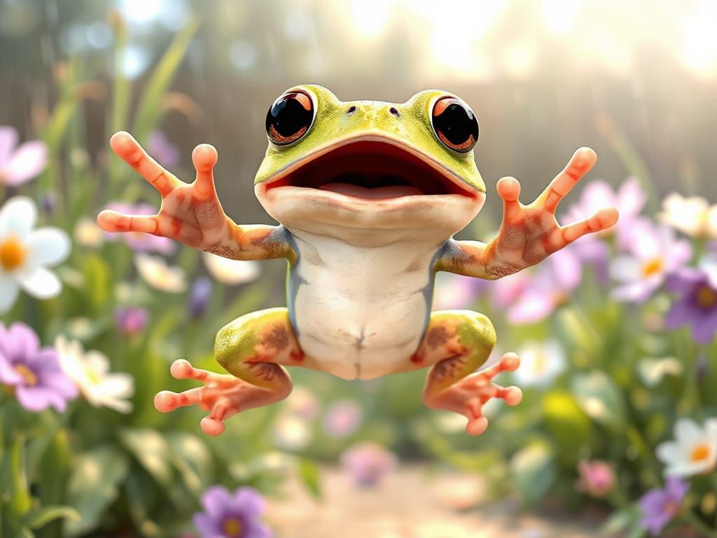 Surprised Frog Mid-Leap: 3D Animated Watercolor